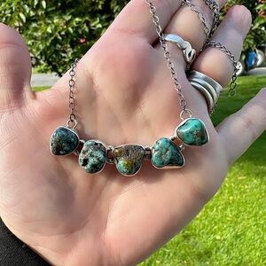 Turquoise rough chunk 5 stone southwestern sterling silver necklace
